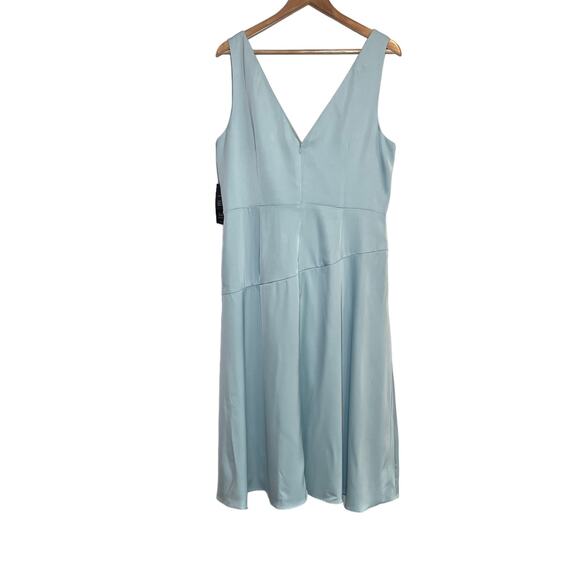 NEW Aidan Mattox V Neck Satin Midi Dress Size 16 Pleated Blue Green Pockets - Picture 8 of 12